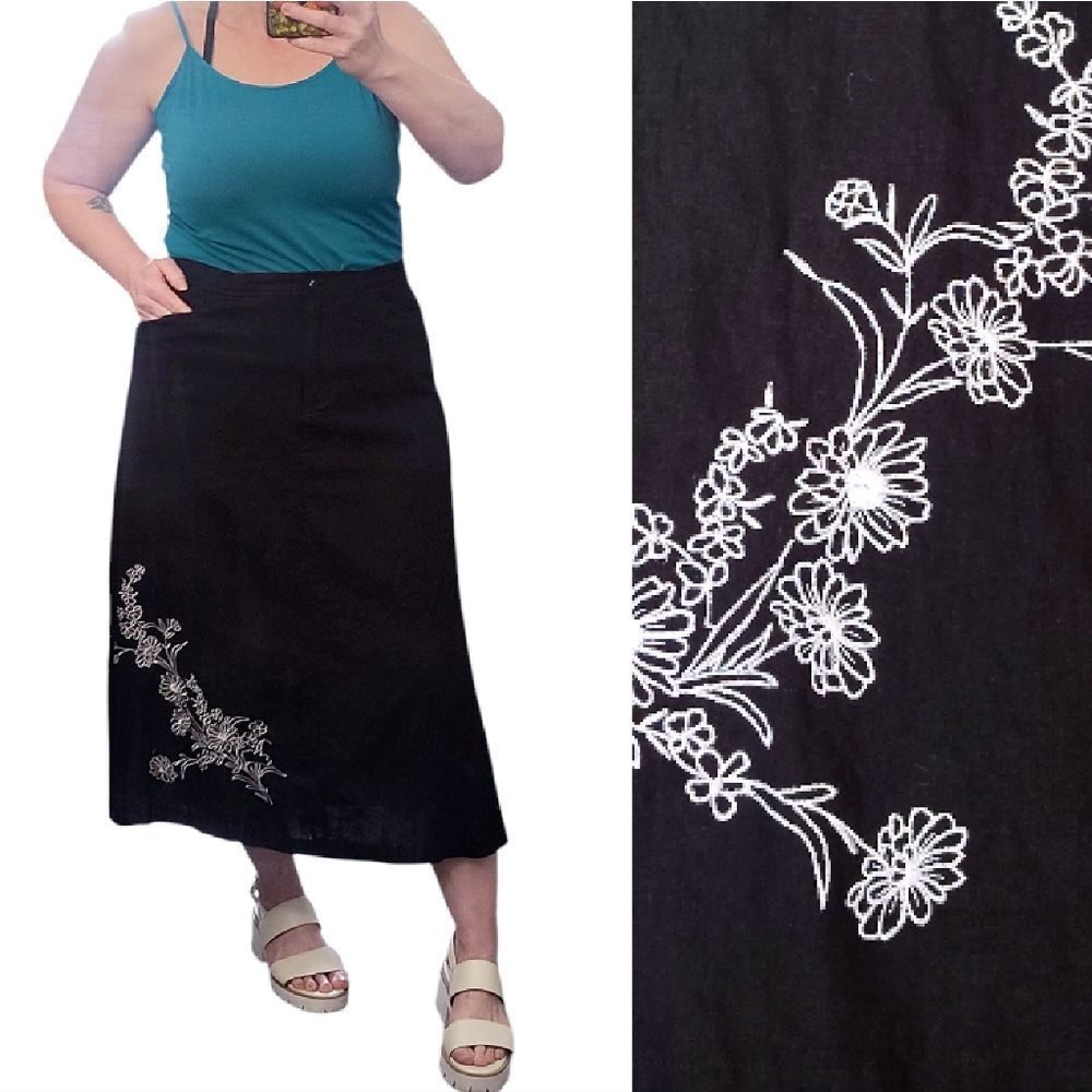 VTG Sag Harbor‎ Black White Floral Embroidered Linen Blend Midi Skirt Plus 14